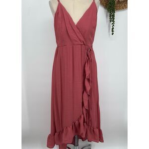 Yarn &‎ Sea Wrap Ruffle Stretch MIDI Dress Pink Large Cowgirl Country Ranch L